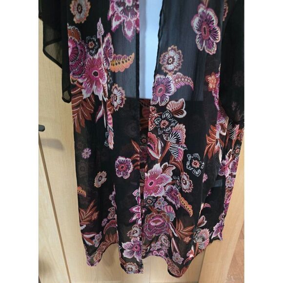Floral Sheer Kimono Cardigan Black & Pink Boho Style Open Front Womens - Picture 4 of 9